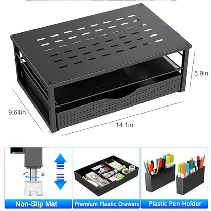 gianotter Monitor Stand with Drawer and 2 Pen Holders | Monitor Riser Dual-Layer Storage Desk Organizers and Accessories (Black-Ventilated)