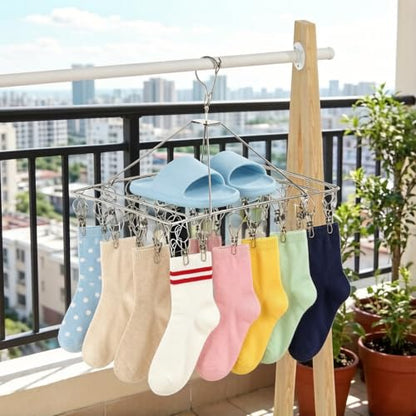 2 Pack Stainless Steel Sock Drying Racks with 80 Clips | 360° Rotatable Hanging Laundry Organizer for Hats, Bras, Baby Clothes, Underwear, Herbs, Towels, Gloves and Other Accessories