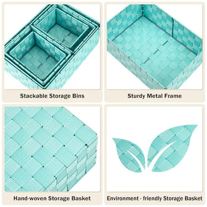 Storage Baskets with Lids: 6 Pack Stackable Woven Storage Bins, Aqua | Decorative Woven Baskets for Organizing with Built-In Handles for Shelves, Closets, Cabinets and Cubbies, Gift Small Basket