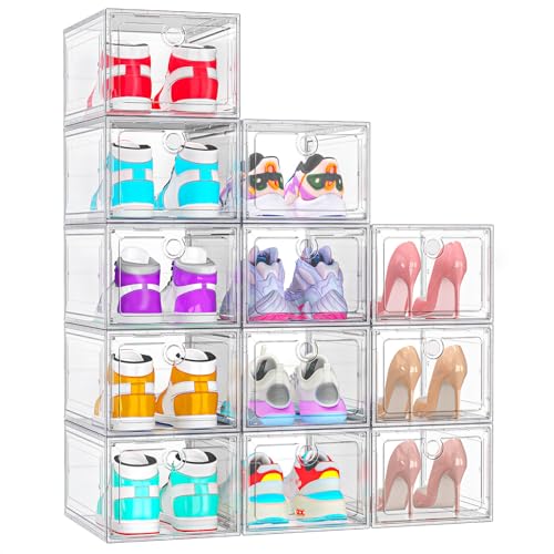 ARSTPEOE 12-Pack Shoe Storage Boxes Clear Magnetic Stackable | Upgraded Harder Material, Stackable Space-saving, Fits Sneakers & Boots, Clear Magnetic Front Door