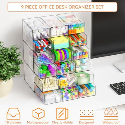 9 Pack Small Acrylic Drawers With 18 Drawers,Clear Drawer Organizers Stackable,School,Office Supplies Organizer And Storage Bins for Stationery,Pen,Pencil,Craft,Glasses,Sunglass Organizer Case