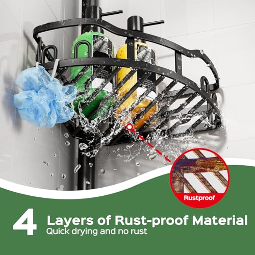 HAMITOR Shower Caddy Tension Pole: Rustproof Quick Install Corner Bathroom Organizer Shelf on Floor for Renters - 4-Tier Large Capacity Storage Rack with Soap Holder for Apartment -47-121 Inch/Black