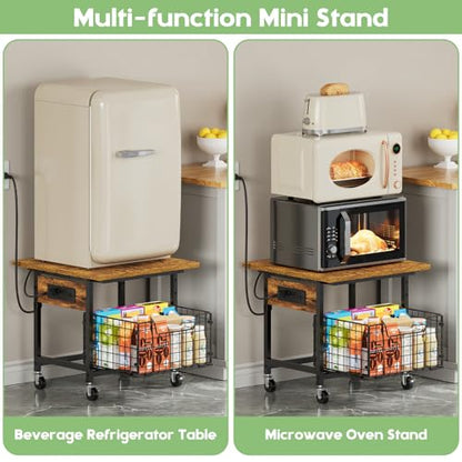 Mini Fridge Stand with Storage and Power Outlet, Small Refrigerator Stand with Wheels, Mini Fridge Cart-Max Load 300 LBS Heavy Microwave Printer Stand Utility Cart for Dorm,Kitchen, Office