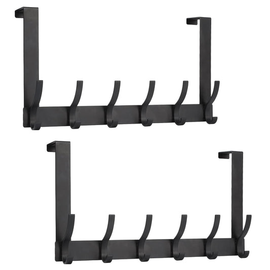 Optish Over The Door Hooks, Door Hanger Hooks for Hanging, Over The Doors Towel Racks for Bathroom with 12 Coat Hook, Coat Rack Bathroom Accessories（2 Pack, Black）