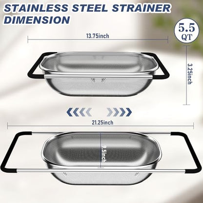 Over the Sink Colander, Expandable Strainers and Colanders with Fine Mesh, Colander for Kitchen with Rubber Grip for Draining Pasta, Vegetables and Fruits - Essential Kitchen Sink Strainer