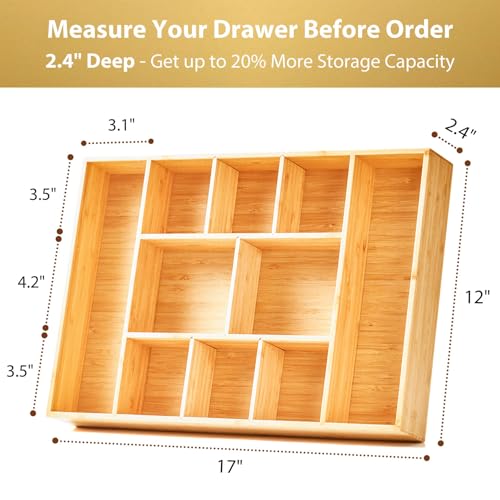 Extra Large Bamboo Desk Drawer Organizer, Wood Junk Organizer Tray with Adjustable Dividers, Anti-Skip Storage Organization in Office Bathroom Drawer for Vanity, Makeup, 17" x 12"
