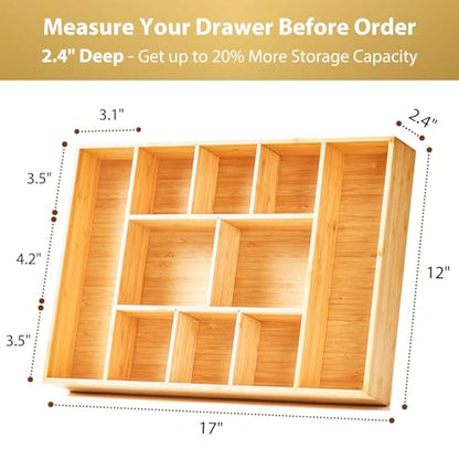 Extra Large Bamboo Desk Drawer Organizer, Wood Junk Organizer Tray with Adjustable Dividers, Anti-Skip Storage Organization in Office Bathroom Drawer for Vanity, Makeup, 17" x 12"