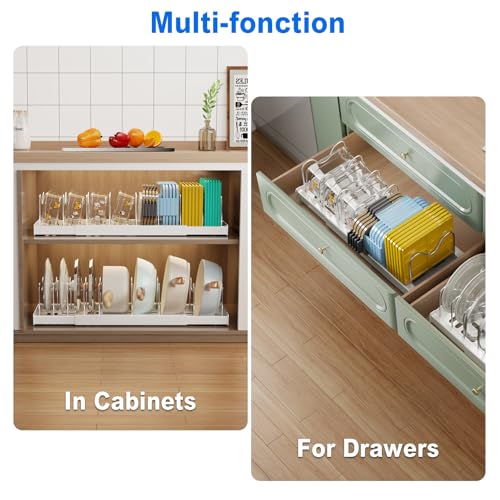 Mustorn 2 Pack Pots and Pans Organizer Under Cabinet, 22" Expandable Food Storage Container Lid Organizers with 9 Adjustable Dividers Pot and Pan Lid Holders Rack Inside Cabinet/Countertop(White)