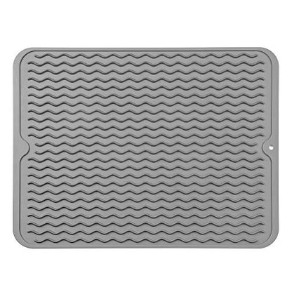 MicoYang Silicone Dish Drying Mat, Grey, 16"×12" | Quick-Dry Ridges, Heat-Resistant Trivet to 450°F, Non-Slip & Dishwasher Safe, Roll-Up Storage, 18 Colors & 9 Sizes Available