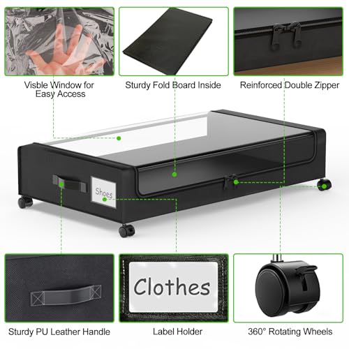 Under Bed Storage with Wheels, 2-Pack Underbed Storage Containers with Clear Lids, Under Bed Shoe Storage Organizer, Rolling Under the Bed Storage Bins for Clothes Shoes Blankets (Black)