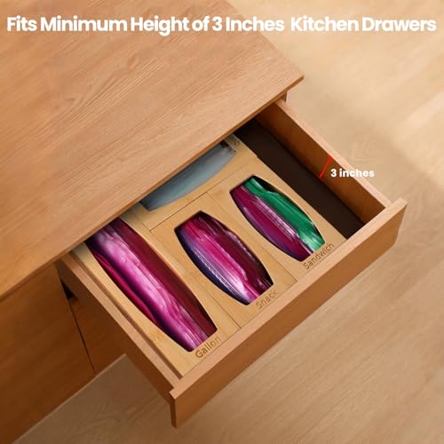 CRAKTH Plastic Bag Storage Organizer for Kitchen Drawer, Bamboo | Space-Saving, Set of 4 Separate, Food Bag Storage Holders, Fits Gallon, Quart, Sandwich, Snack Variety Size Bags