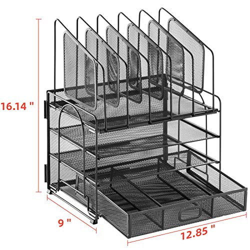 Marbrasse Desk organizer with Drawer, 4-Tier Mesh File Organizer with 5 Vertical File Holders and 2 Pen Holders, Multifunction Desktop Organizer,Desk Organizers and Accessories for Home Office