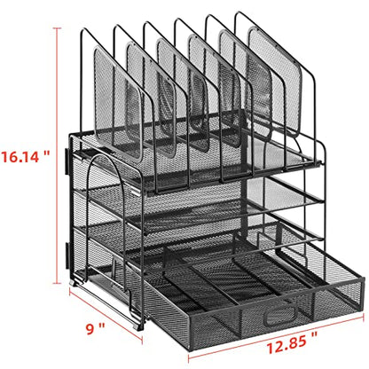 Marbrasse Desk organizer with Drawer, 4-Tier Mesh File Organizer with 5 Vertical File Holders and 2 Pen Holders, Multifunction Desktop Organizer,Desk Organizers and Accessories for Home Office