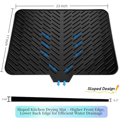 Silicone Drying Mat, 23"X17" With Built-in Drain Lip,Heat-Resistant,Eco-friendly,Hygienic Drying Pad,Leak-Proof and Non-Slip,Silicone Dish Drying Mat for Kitchen Counter or Sink（Black 23X17）