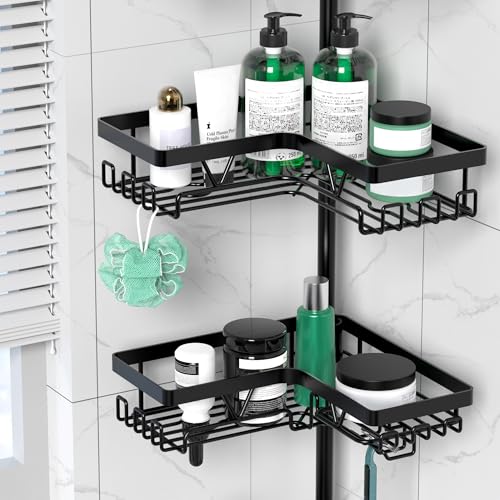 Corner Shower Caddy Tension Pole 4 Tier Shower Caddy Organizer Black | Space Saver, 28 Hook, Soap Dish, Razor Holder, Rustproof, For Bathtub Bathroom, Floor to Ceiling 25-114 Inch, Simple Install