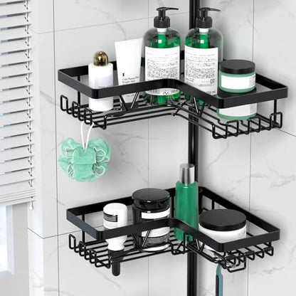 Corner Shower Caddy Tension Pole 4 Tier Shower Caddy Organizer Black | Space Saver, 28 Hook, Soap Dish, Razor Holder, Rustproof, For Bathtub Bathroom, Floor to Ceiling 25-114 Inch, Simple Install