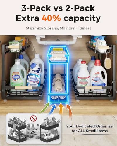 3-Pack 2-Tier Height Adjustable Under Sink Organizer, Black | Multi-purpose metal storage shelf with sliding shelves for kitchen, bathroom, pantry & laundry cabinet
