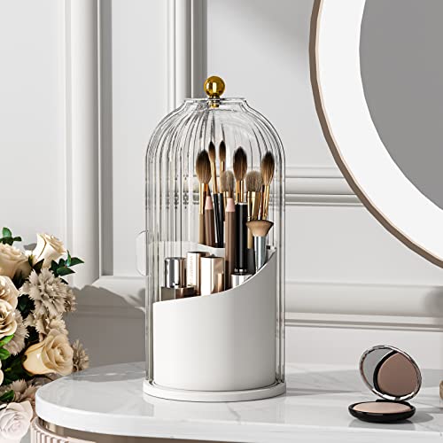YOOLENS Makeup Brush Holder with Lid 360 Rotating Clear Dustproof Make Up Organizers for Vanity Bathroom Countertop, Transparent | with Lid