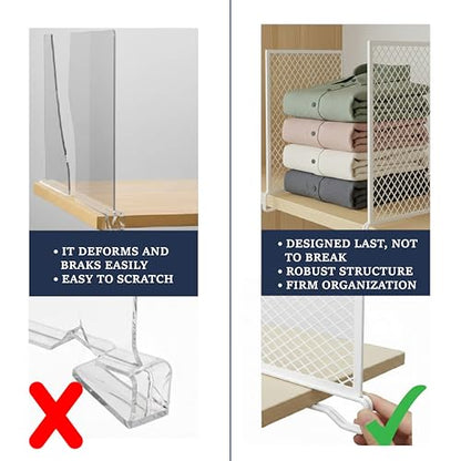 Nexu 6-Pack Metal Mesh Shelf Dividers for Closet Organization, Ultra-Stable Under-Shelf Hook Closet Dividers, Heavy Duty Purse, Handbag & Bag Organizer for Shelving, Clothes, Bedroom, White