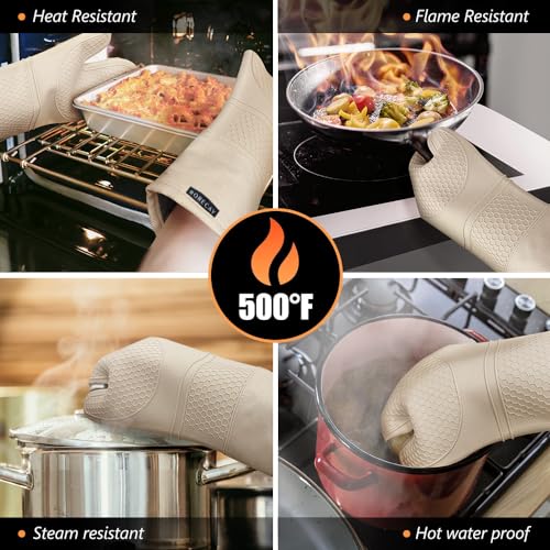 RORECAY Silicone Oven Mitts and Pot Holders Sets, Gloves for Kitchen, Beige | Set of 6 Kitchen Mitts for Baking & Cooking, Heat Resistant 500 ℉, 15" Extra Long, Non-Slip & Waterproof, Quilted Cotton