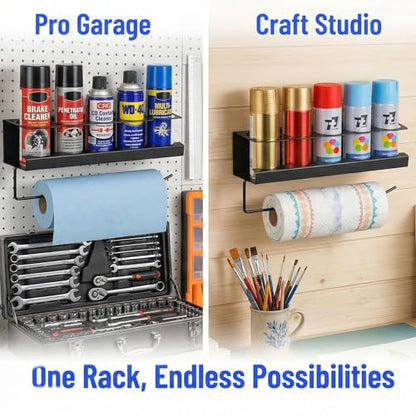Cedilis 2 Pack Aerosol Spray Can Holder Rack with Paper Towel Holder, Wall Mounted Steel Spray Bottle Organizer, Black Spray Paint Can Holder for Garage and Workspace, Mounting Accessories Included