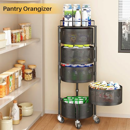 SNTD Fruit and Vegetable Basket Bowls for Kitchen with Metal Top Lid, 5 Tier Rotating Storage Rack Cart for Potato Onion Bread Banana, Wire Basket Organizer on Wheels, Large, Black