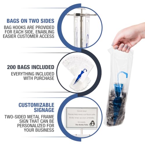 Umbrella Bag Wrapper Station with Sign Frame - Wrap Umbrellas for Rain - Be Safe, Wrap it up! - 200 Long Bags Included