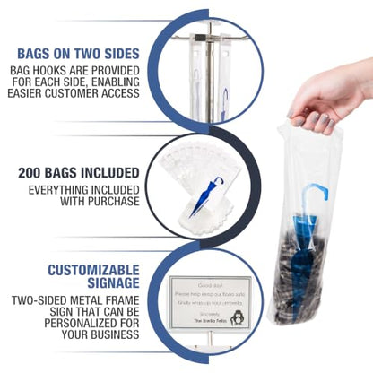 Umbrella Bag Wrapper Station with Sign Frame - Wrap Umbrellas for Rain - Be Safe, Wrap it up! - 200 Long Bags Included