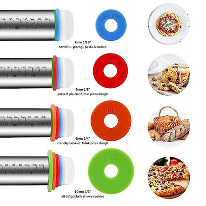 Stainless Steel Rolling Pin and Silicone Mat Set, Adjustable Thickness Rings - For Baking Dough, Pizza, Pies, Pastries, Pasta, Cookies
