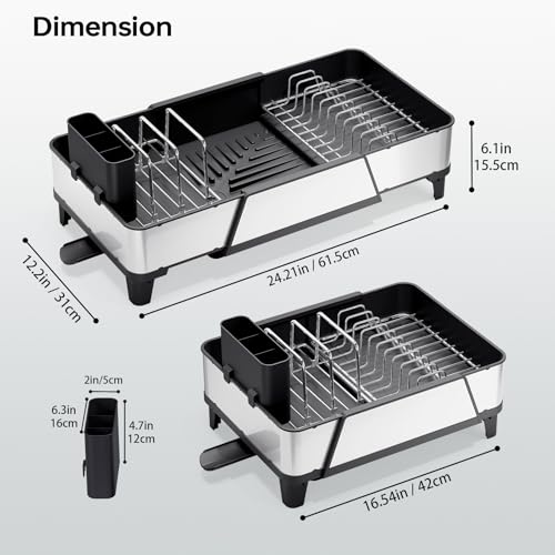 Urackify Large Expandable Dish Drying Rack for Kitchen Counter, Black | Triple Extendable 16.5"-24.2", Stainless Steel Anti-Rust Dish Drainers with Cutlery & Cup Holders for RV, Appartment,