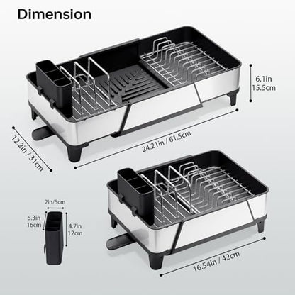 Urackify Large Expandable Dish Drying Rack for Kitchen Counter, Black | Triple Extendable 16.5"-24.2", Stainless Steel Anti-Rust Dish Drainers with Cutlery & Cup Holders for RV, Appartment,