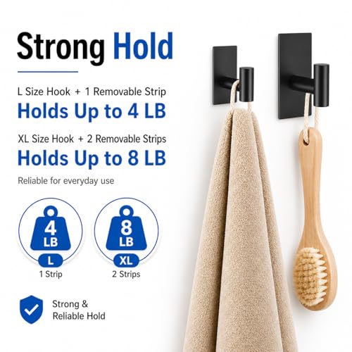 5 Pcs Towel Hooks Heavy Duty for Hanging，Adhesive Wall Hooks with Removable Strips，Sticky No Damage，Outdoor for Bathrooms，Shower，Stockings，Decor，Robe，X-Large，Black 304 Stainless Steel
