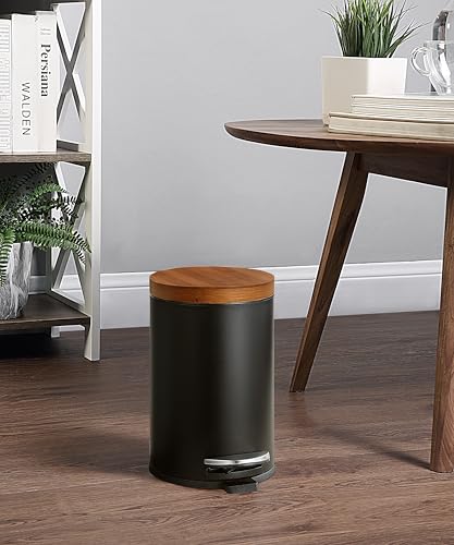SunnyPoint Elite Bamboo Lid 4.5 Liter / 1.2 Gallon Round Trash Can with Plastic Inner Bucket; Bathroom, Office, Kitchen and Bedroom Step On and Slow Close (Black)