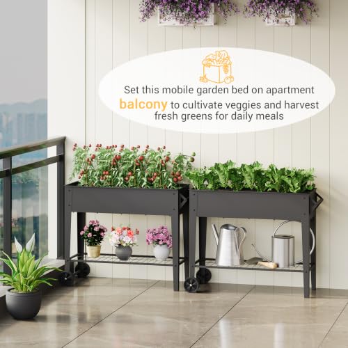 Mobile Raised Garden Bed with Legs and Wheels Metal Elevated Planter Box | 31.9" Tall with Handles Lower Storage Shelf & 5 Drain Holes for Vegetables Herbs Flowers,Garden Patio Balcony Backyard Garage