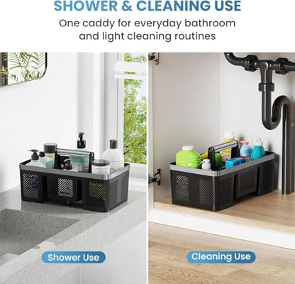 Plastic Shower Caddy Dorm: Portable Cleaning & Shower Caddy with Handle, 4 Divided Compartments, All-Side Drainage, Rigid Plastic Basket Tote for College Dorm & Bathroom Use, Black/Silver