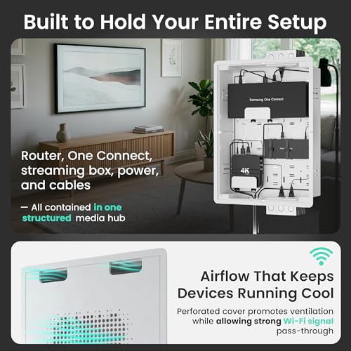 ynVISION.DESIGN 17" Recessed in-Wall Media Box for Clean TV Install | Flush to Wall, vented cover, adjustable device shelf, cable straps, knock-out, fits Apple TV, Roku, Fire TV, Samsung Connect