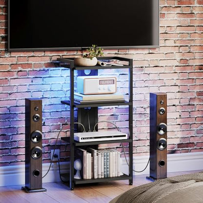 HOOBRO Game Console Shelf, 4-Tier Video Gaming Consoles Stand with Outlet & RGB Light, Audio Rack Tower for Turntable, Stereo Equipment, Wooden Entertainment Storage Stand, Black BB38UDCJ01