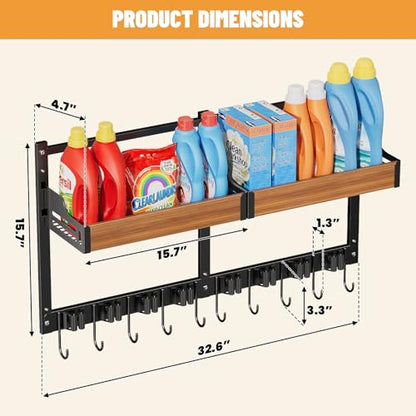 Broom and Mop Organizer Wall Hanging, Broom Holder Wall Mount with Cleaning Supplies Organizer, Broom Hanger Wall Mount with Storage Shelf and Hooks for Laundry Room Garage Kitchen