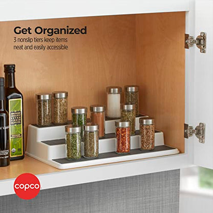 Copco 3-Tier Spice Rack Organizer for Cabinet - 15 Inch Non-Skid Pantry Organizer and Storage Shelf for Spices, Canned Goods, Seasonings - White and Gray Kitchen Cabinet Organizer