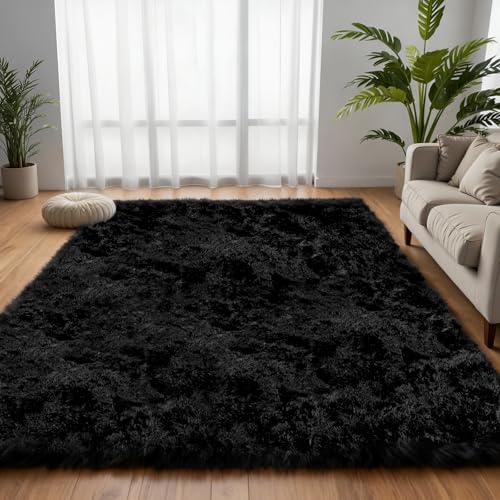 6x9 Black Fluffy Fuzzy Shag Area Rug for Living Room, Bedroom, Dorm Carpet | Ultra Soft, Non-Slip & No-Shedding, Plush, Cozy Modern Indoor Floor Home Decor for Kid Rooms, Nursery, Girl Playroom, Office
