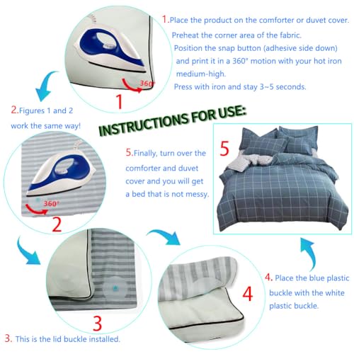 Iron-On Duvet Snaps 16Pk, Stop Comforter Shifting Inside Duvet Cover | Heat fuse via iron,low profile bedding fasteners,secures 4 duvets’ corners,reusable snaps,safe for routine fabric washing