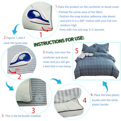 Iron-On Duvet Snaps 16Pk, Stop Comforter Shifting Inside Duvet Cover | Heat fuse via iron,low profile bedding fasteners,secures 4 duvets’ corners,reusable snaps,safe for routine fabric washing