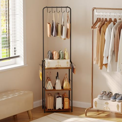 Floor-Standing Purse Organizer for Closet, Tall Handbag Storage Rack | 3-Tier Storage: Five top hangers and six side hooks hold bags and accessories; 15.35-inch width fits closets and corners.