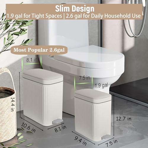 Small Bathroom Trash Can with Lid, 1.9 Gallon Slim Soft Close Step, Cream | Garbage Can with Pedal for Office, Bedroom, Kitchen & Living Room, Narrow Plastic Wastebasket Container for Small Spaces