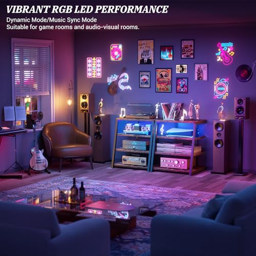 AV Media Stand, Stereo Stands and Racks Small Entertainment Center | Corner Shelf Stand with Power Strip & LED Lights, Audio Tower HIFI Rack Stereo Shelf CRT TV Stand, 4 Tier, Rustic Brown