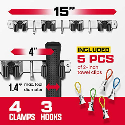 Wall Mount Hanger for Brooms & Mops - Adhesive Stainless Steel Mops & Broom Holder, 4 Clamps, 3 Hooks, & 5 Towel Hanger Clips Including Mounting Hardware for Utility Room Organization