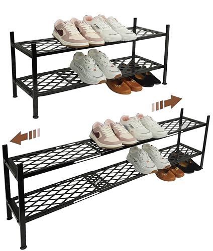 Shoe Rack, 45.6" Expandable Shoe Storage Organizer for Closet - Stackable | 2-Tier Metal Long Shoe Shelf with Sturdy Wire Grid Shoe Stand Holder for Entryway, Garage, Bedroom, Door Entrance, Black