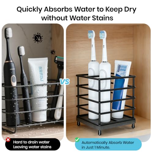 BOTEMY Toothbrush Holders with Quick Drying Mat—Black Toothbrush and Toothpaste Holder for Bathroom—Upgrade 3 Slots Openwork Design Bathroom Counter Organizer for Electric Toothbrush,Razor,Toothpaste