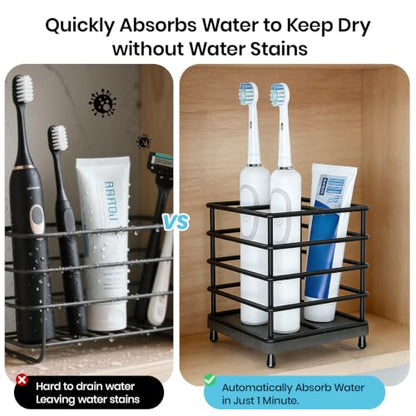 BOTEMY Toothbrush Holders with Quick Drying Mat—Black Toothbrush and Toothpaste Holder for Bathroom—Upgrade 3 Slots Openwork Design Bathroom Counter Organizer for Electric Toothbrush,Razor,Toothpaste