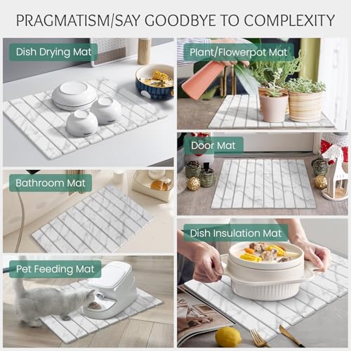 Stone Dish Drying Mat Collapsible Diatomaceous Earth Absorbent Mat Quick Dish Drying Pad Dish Rack Pad Match Any Counterto Multiple Usage for Kitchen,Bathroom (White Marble Pattern, 24"L x 16"W)
